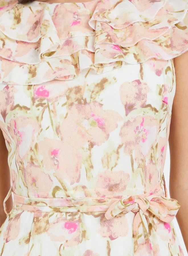 Styli  Women Floral Print Frill Sleeves Sheath Midi Dress for Women | Best Price UAE